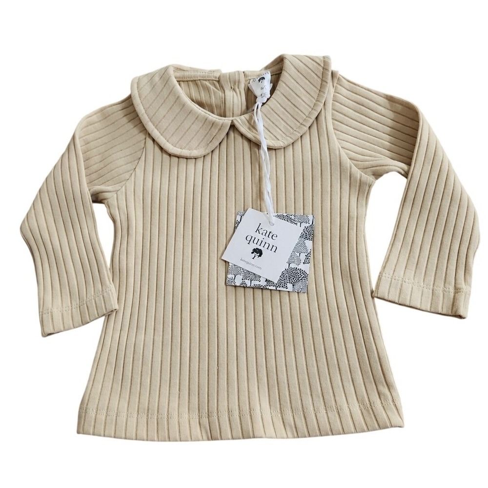NEW Kate Quinn 6-12M Long Sleeve Peter Pan Tee Khaki Beige marzipan Ribbed